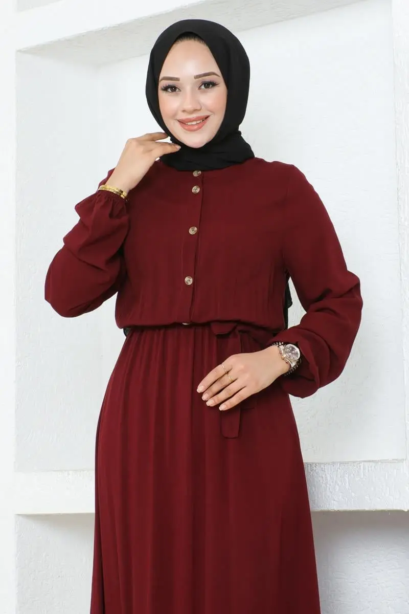 Düğme Detaylı Viskon Elbise Bordo-detail