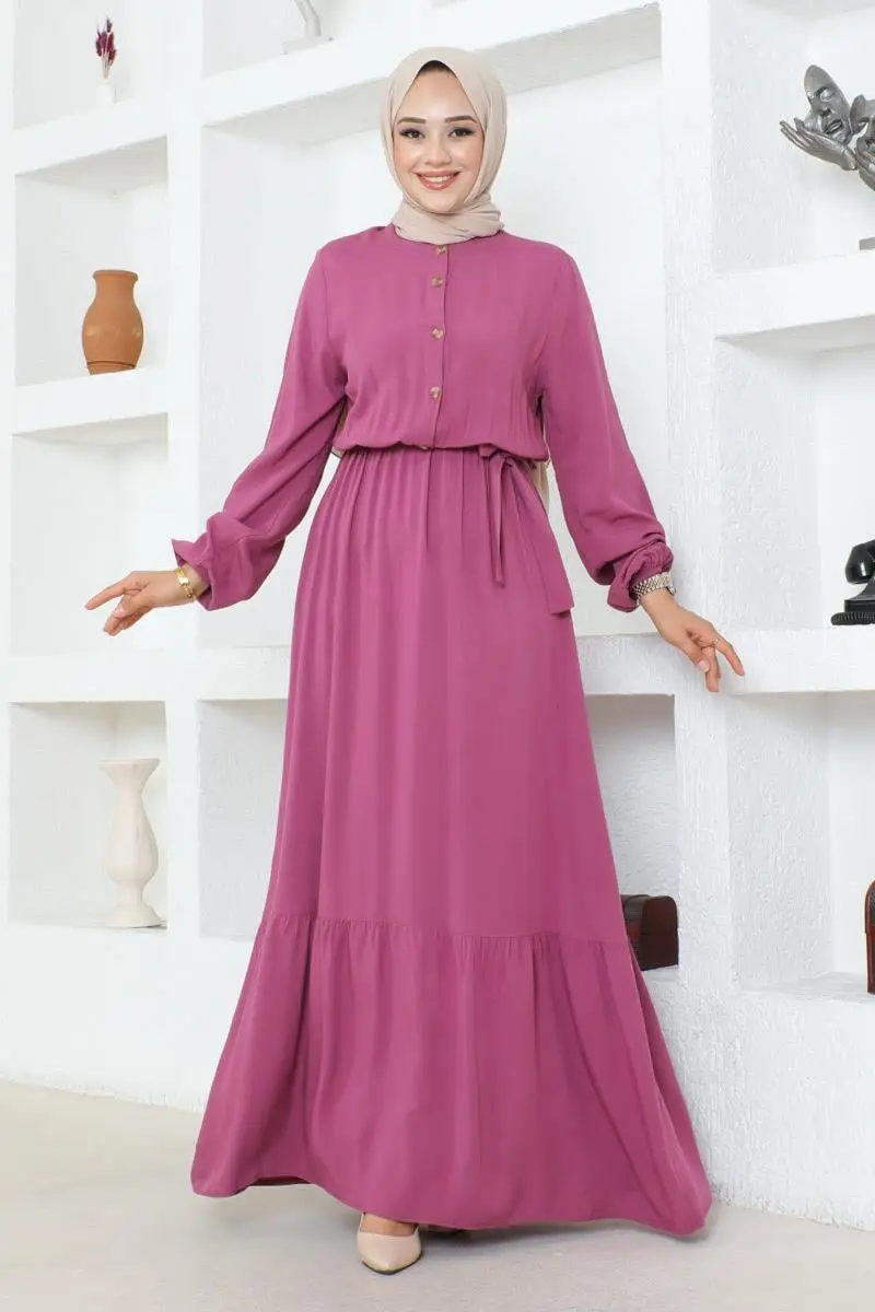 Düğme Detaylı Viskon Elbise Gül Kurusu-detail