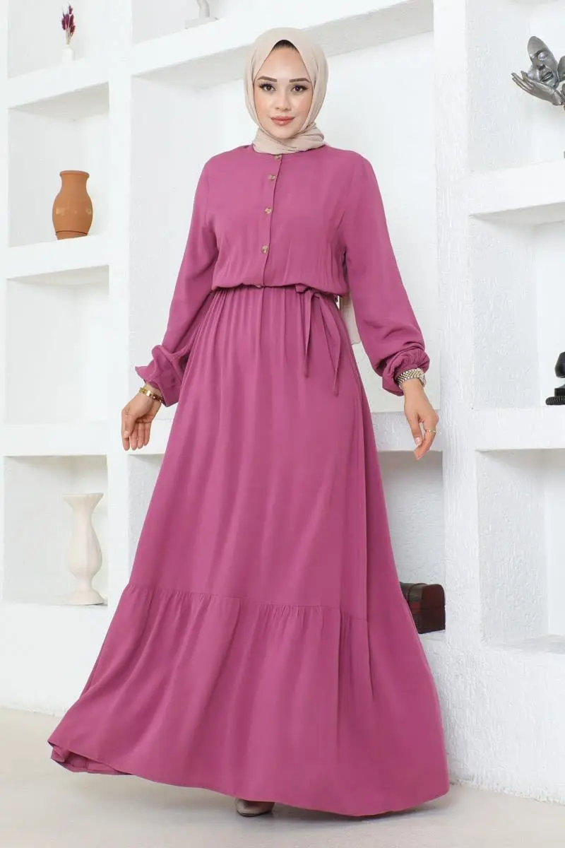 Düğme Detaylı Viskon Elbise Gül Kurusu-detail