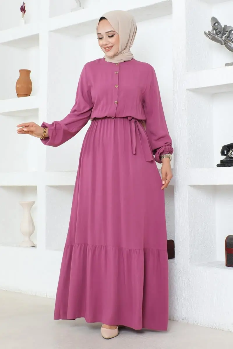 Düğme Detaylı Viskon Elbise Gül Kurusu-detail