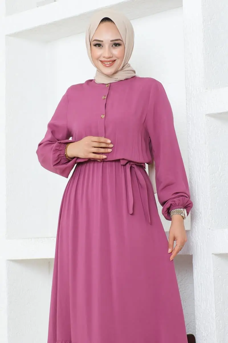 Düğme Detaylı Viskon Elbise Gül Kurusu-detail