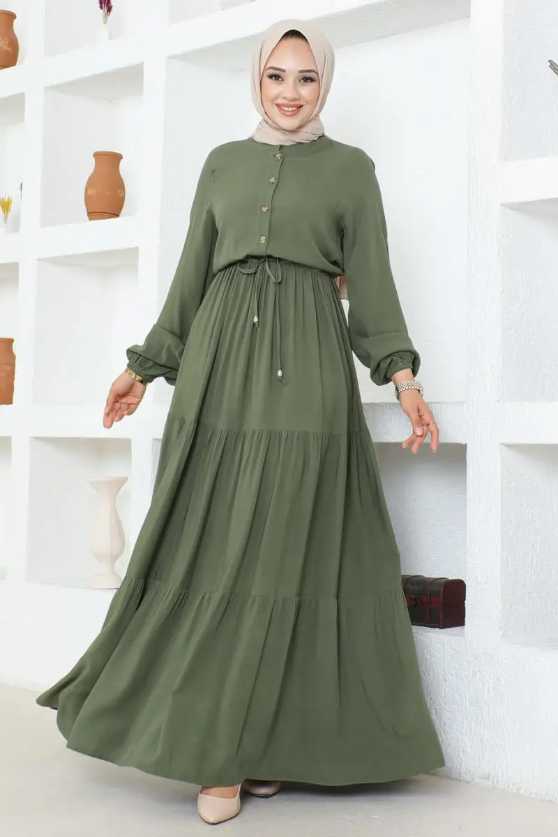Düğme Detaylı Viskon Elbise Haki-detail