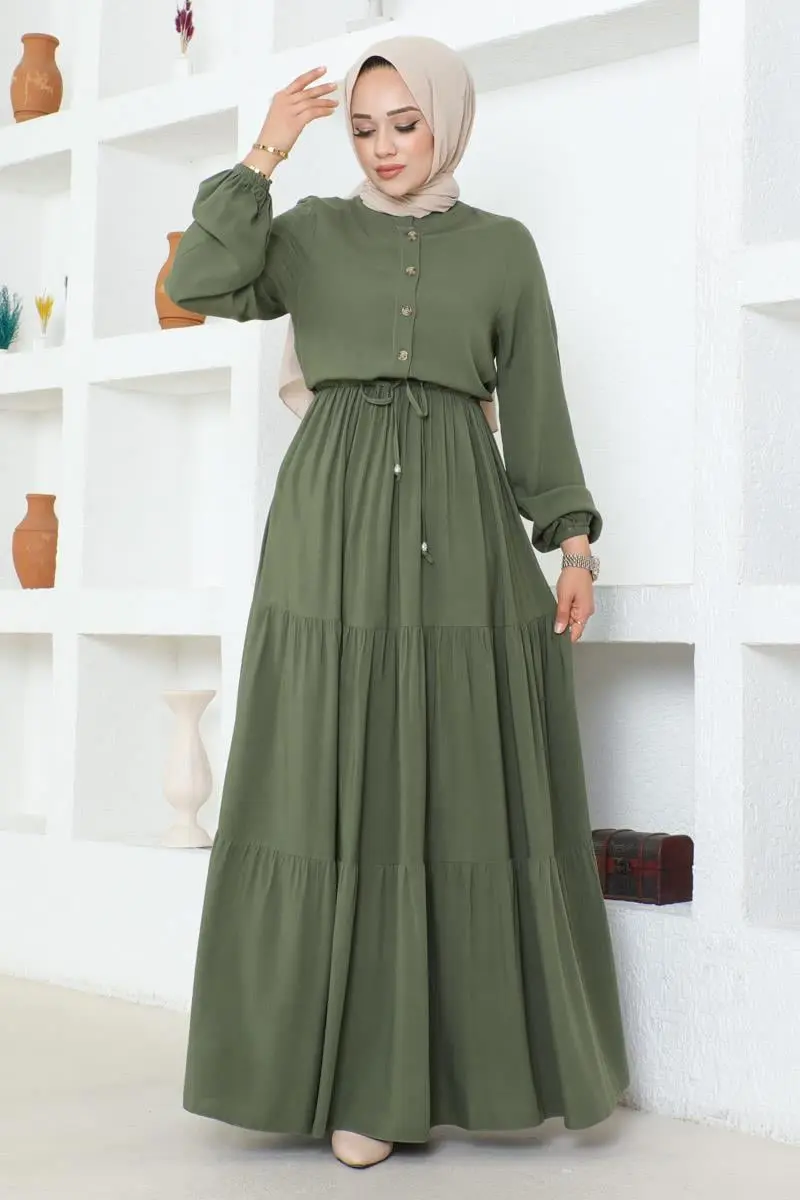 Düğme Detaylı Viskon Elbise Haki-detail