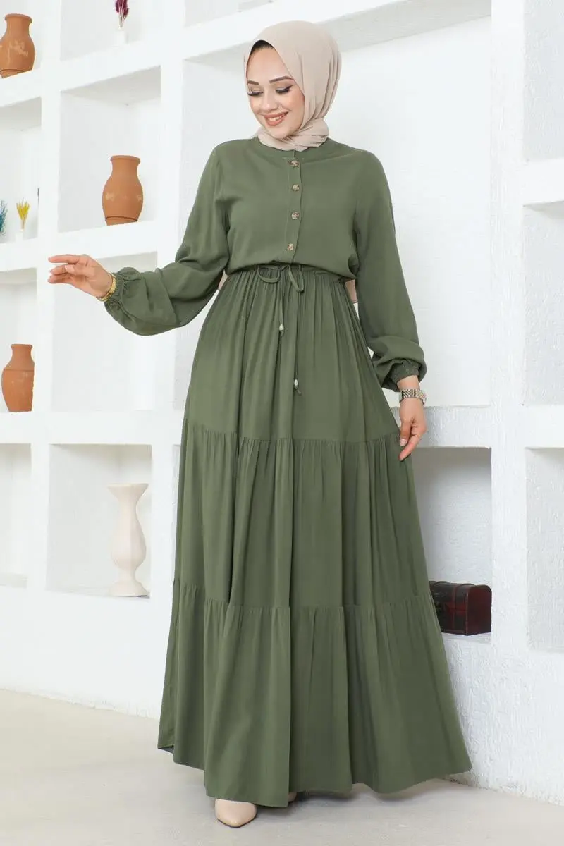 Düğme Detaylı Viskon Elbise Haki-detail