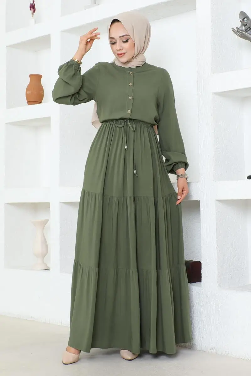 Düğme Detaylı Viskon Elbise Haki-detail