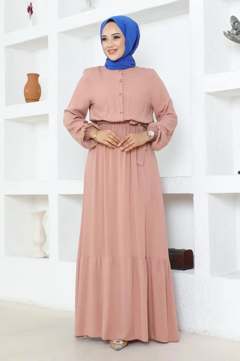 Düğme Detaylı Viskon Elbise Pudra-detail