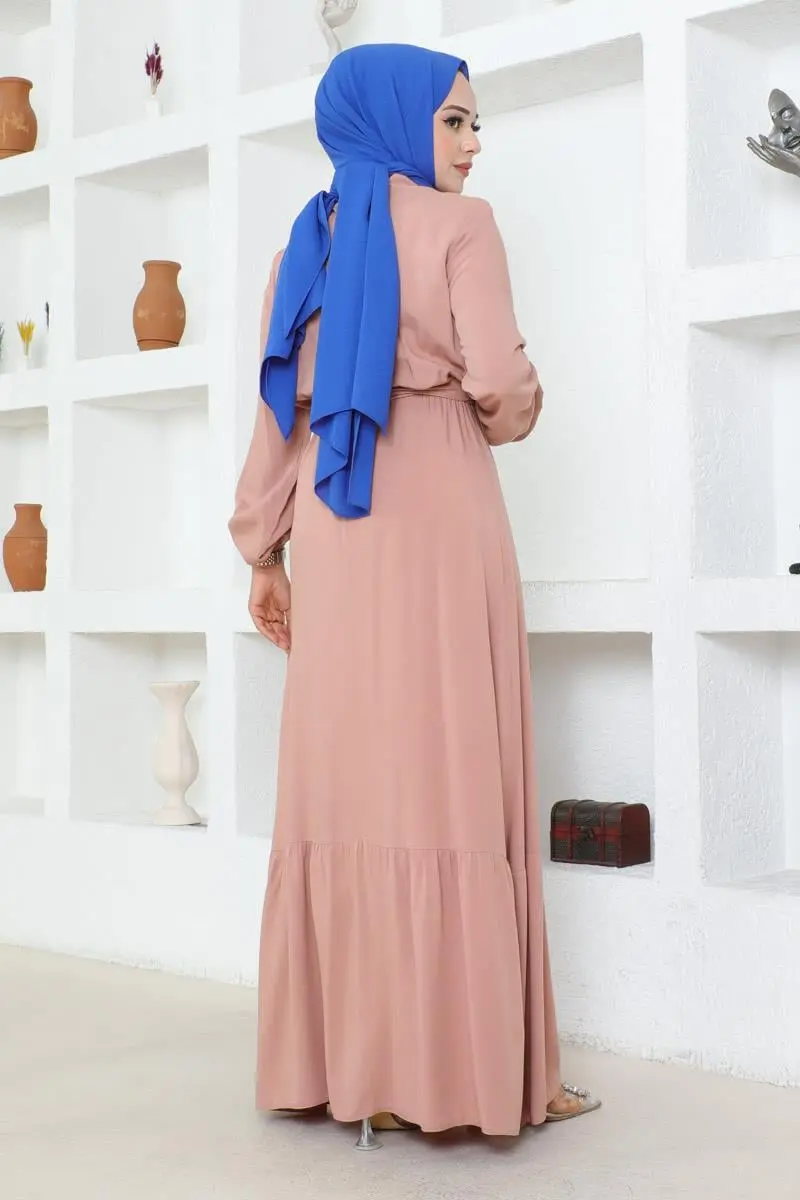 Düğme Detaylı Viskon Elbise Pudra-detail