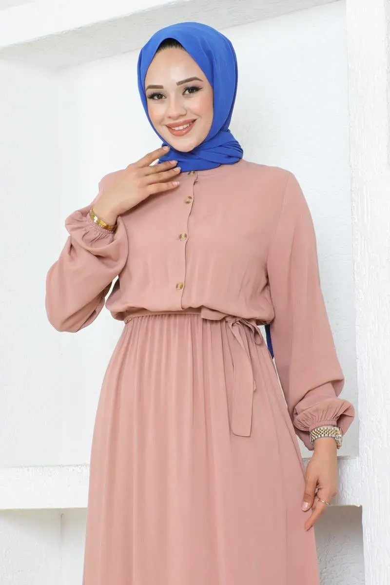 Düğme Detaylı Viskon Elbise Pudra-detail