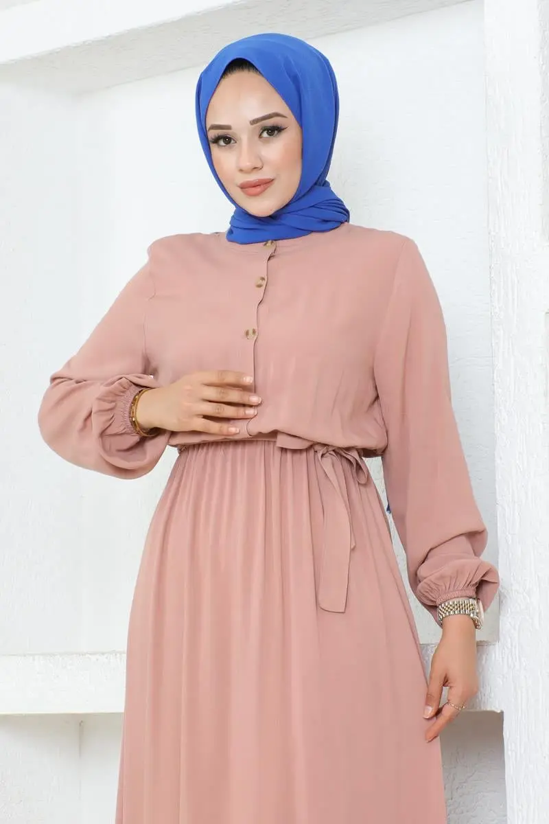 Düğme Detaylı Viskon Elbise Pudra-detail