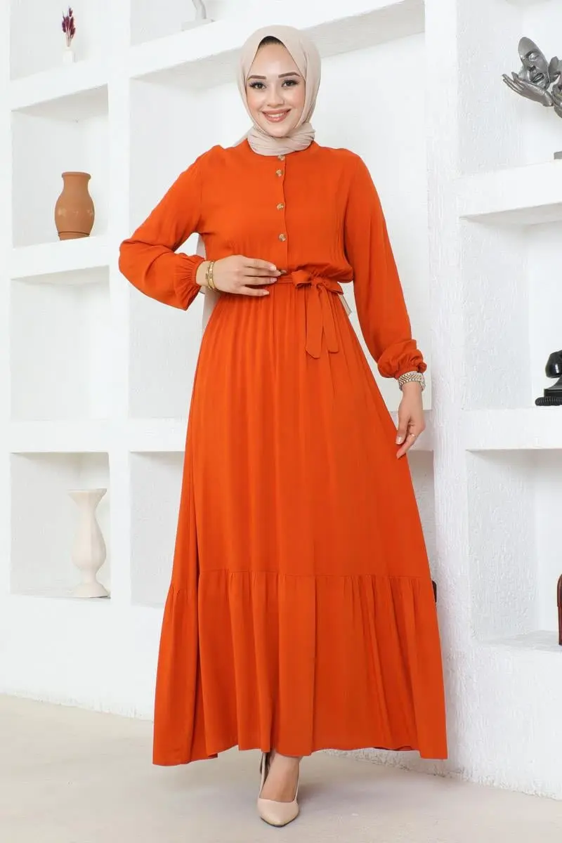 Düğme Detaylı Viskon Elbise Turuncu-detail