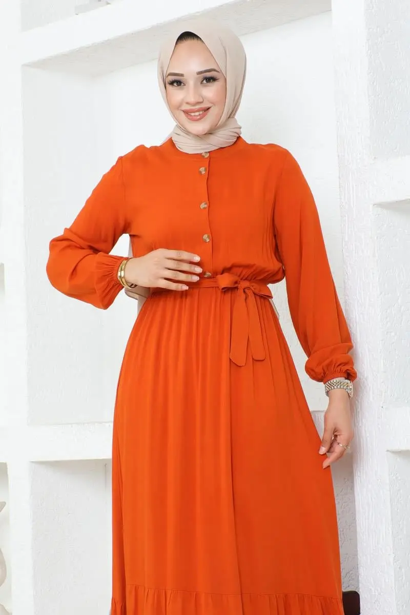 Düğme Detaylı Viskon Elbise Turuncu-detail