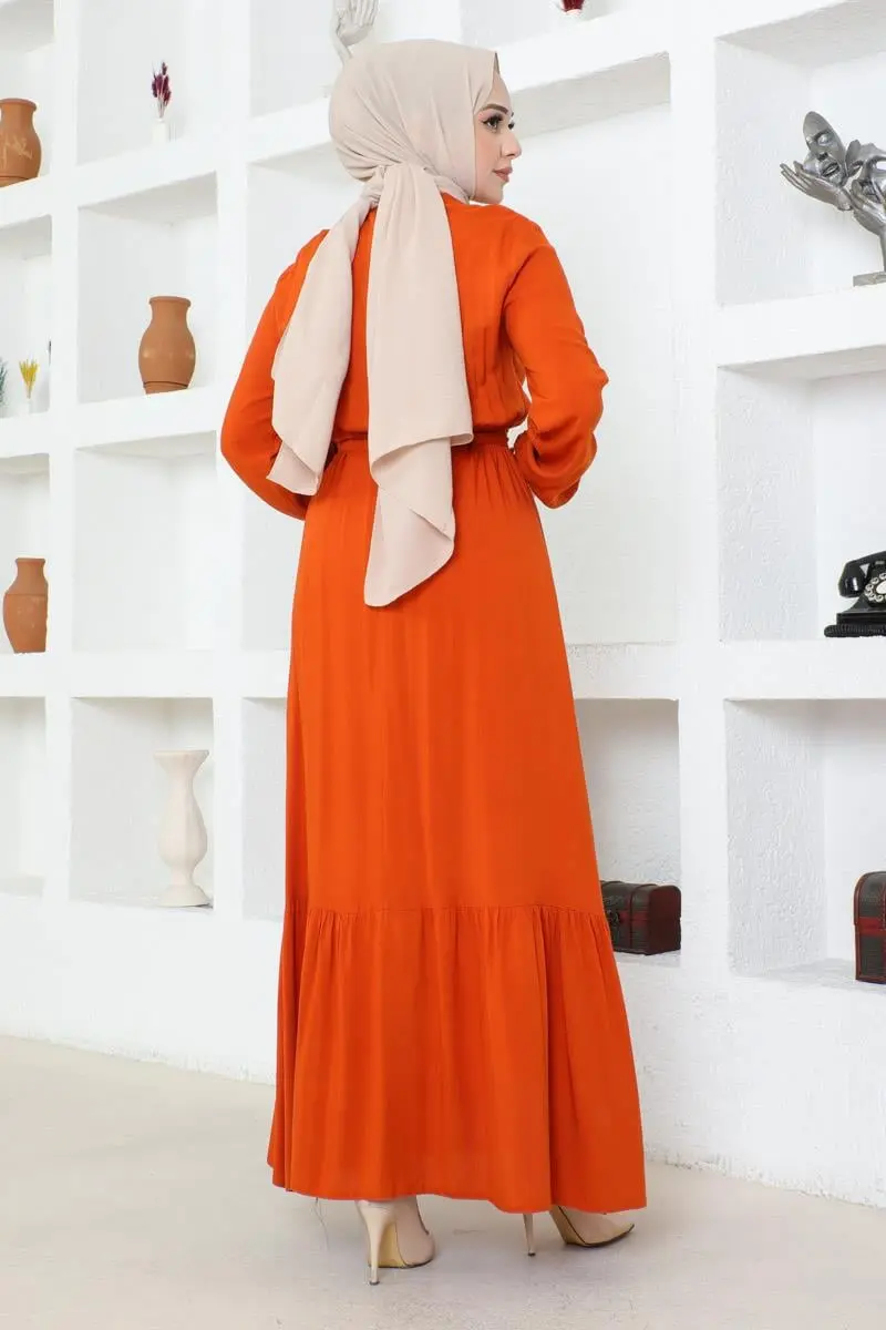 Düğme Detaylı Viskon Elbise Turuncu-detail