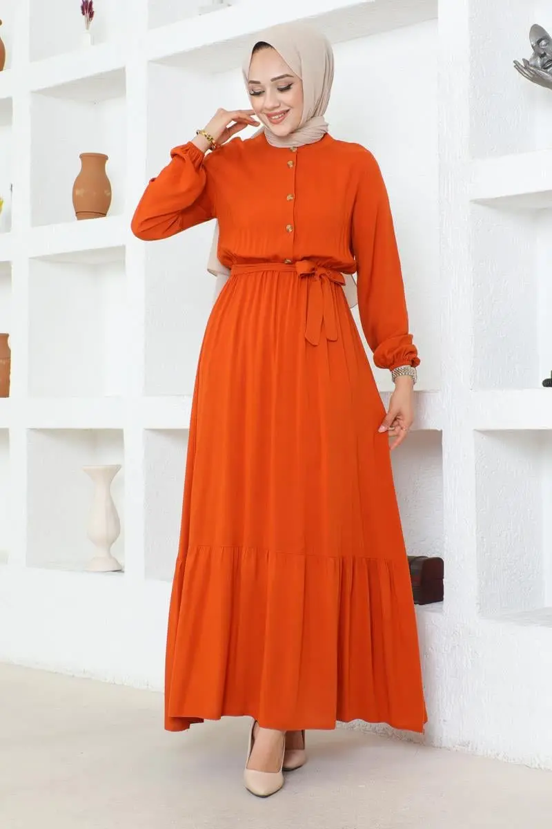 Düğme Detaylı Viskon Elbise Turuncu-detail