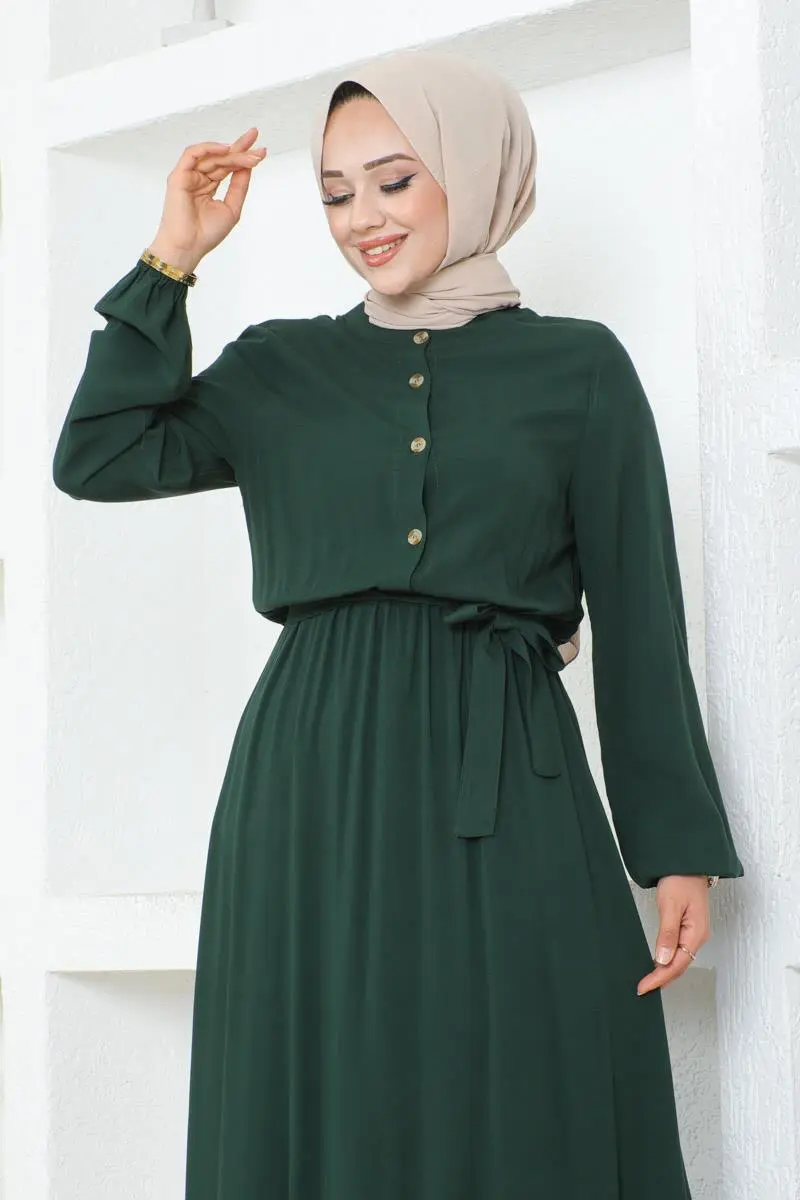 Düğme Detaylı Viskon Elbise Zümrüt Yeşili-detail