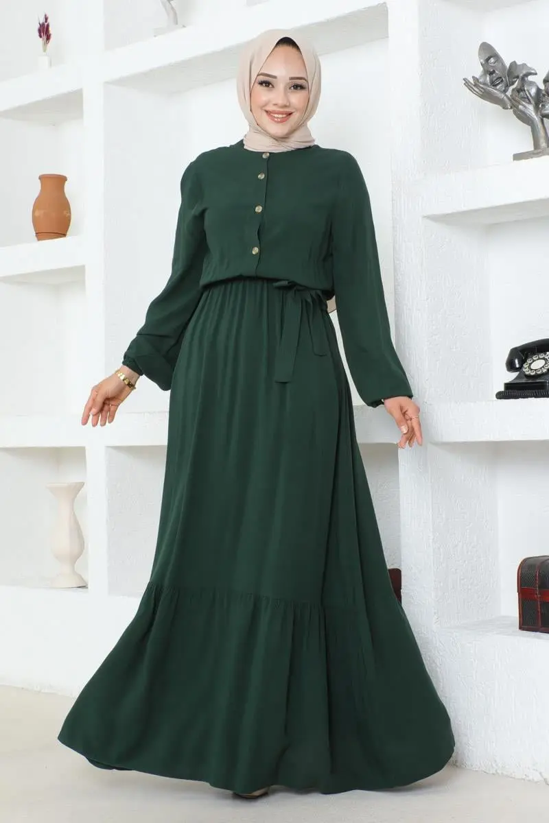 Düğme Detaylı Viskon Elbise Zümrüt Yeşili-detail