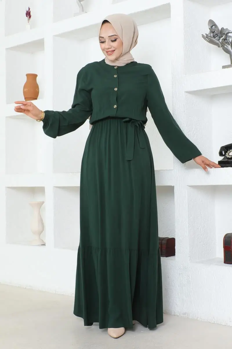 Düğme Detaylı Viskon Elbise Zümrüt Yeşili-detail