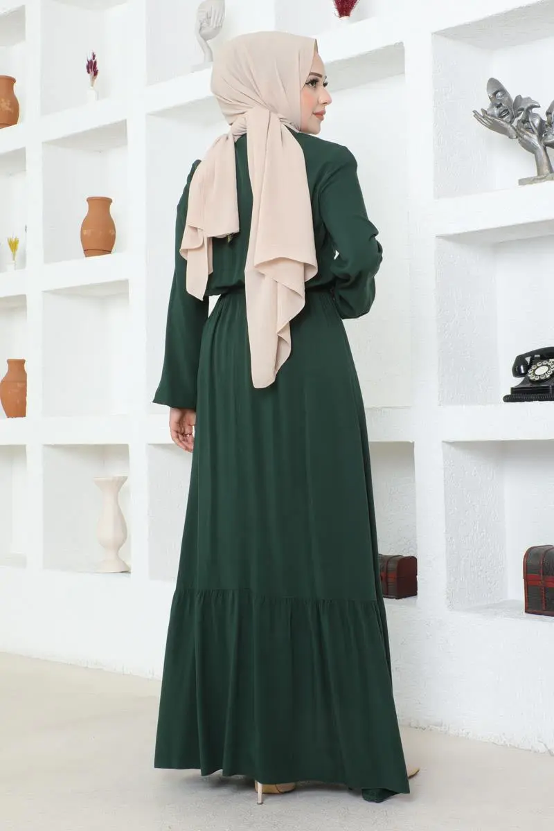 Düğme Detaylı Viskon Elbise Zümrüt Yeşili-detail