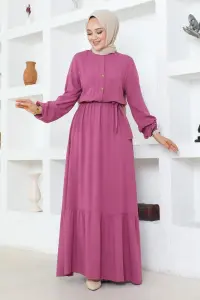 Düğme Detaylı Viskon Elbise Gül Kurusu