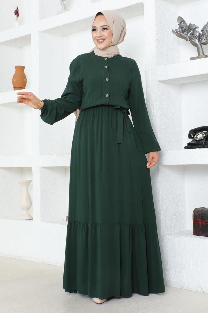 Düğme Detaylı Viskon Elbise Zümrüt Yeşili