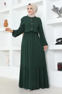 Düğme Detaylı Viskon Elbise Zümrüt Yeşili