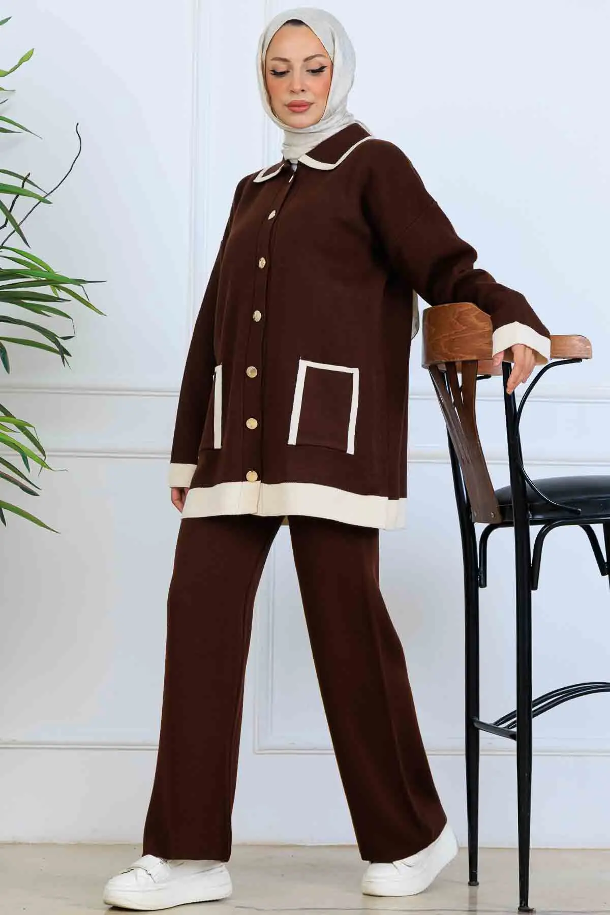 Düğmeli Çizgi Detaylı Triko Takım-detail