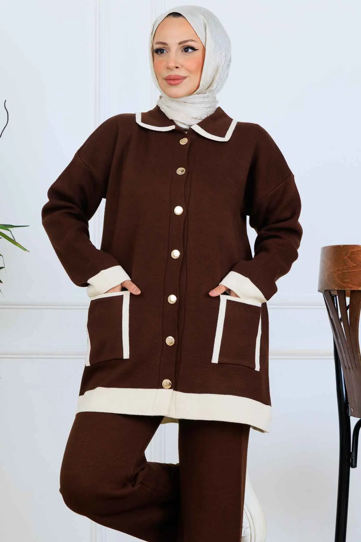 Düğmeli Çizgi Detaylı Triko Takım-detail