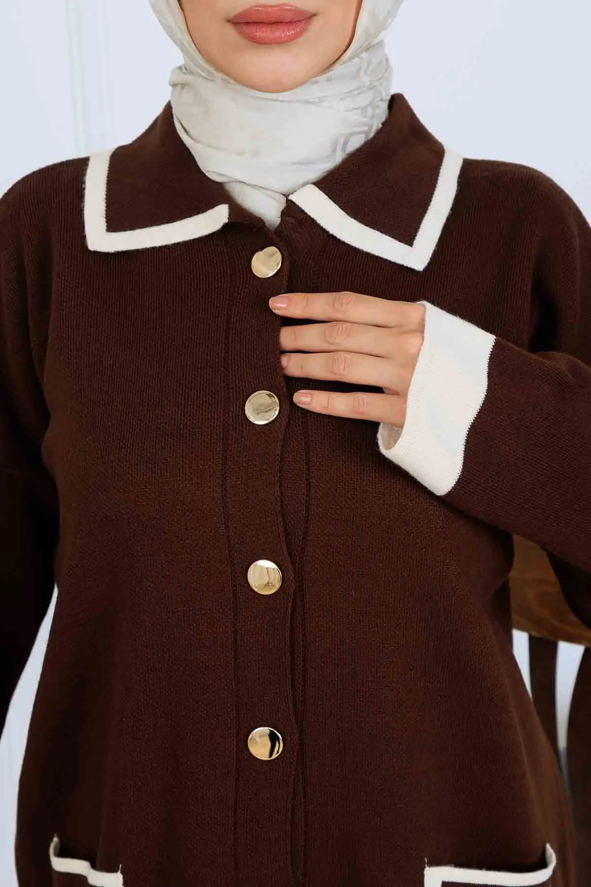 Düğmeli Çizgi Detaylı Triko Takım-detail