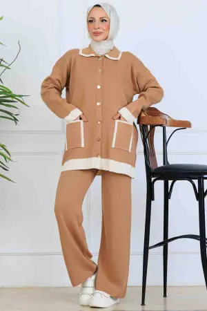 Düğmeli Çizgi Detaylı Triko Takım