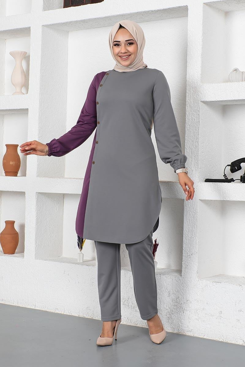 Düğmeli Iki Renkli Takım Gri
