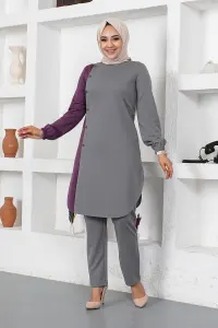 Düğmeli Iki Renkli Takım Gri