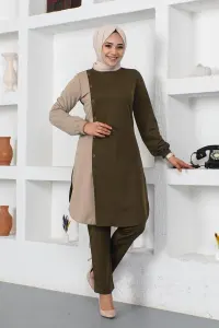 Düğmeli Iki Renkli Takım Haki