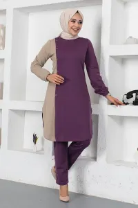 Düğmeli Iki Renkli Takım Mor
