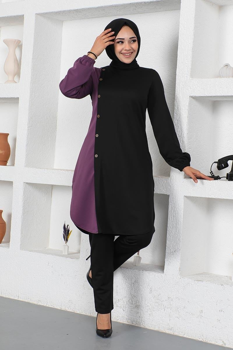 Düğmeli Iki Renkli Takım Siyah