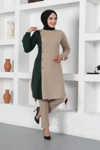 Düğmeli Iki Renkli Takım Vizon