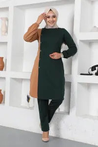 Düğmeli Iki Renkli Takım Zümrüt Yeşili