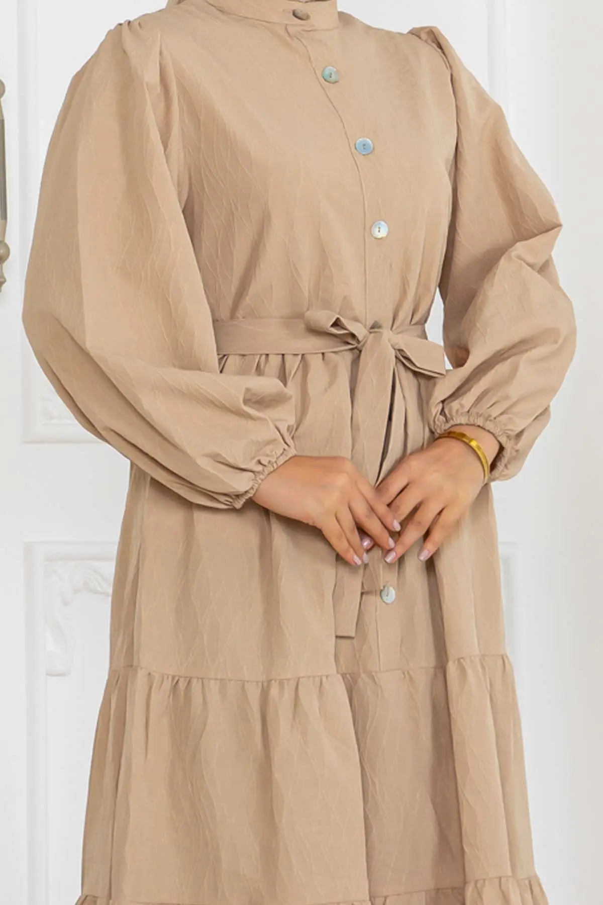 Düğmeli Kabartma Desenli Elbise-detail