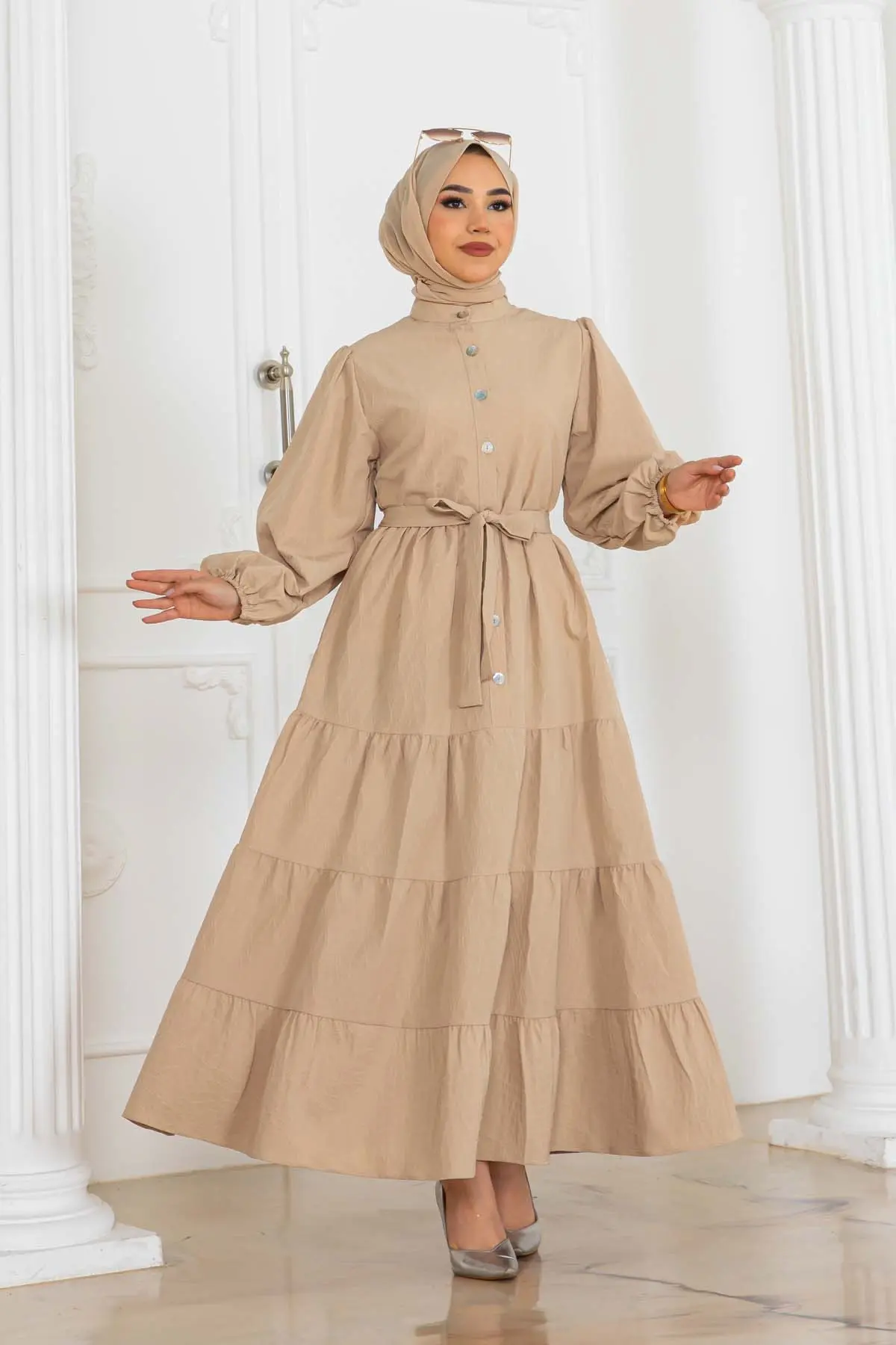 Düğmeli Kabartma Desenli Elbise-detail