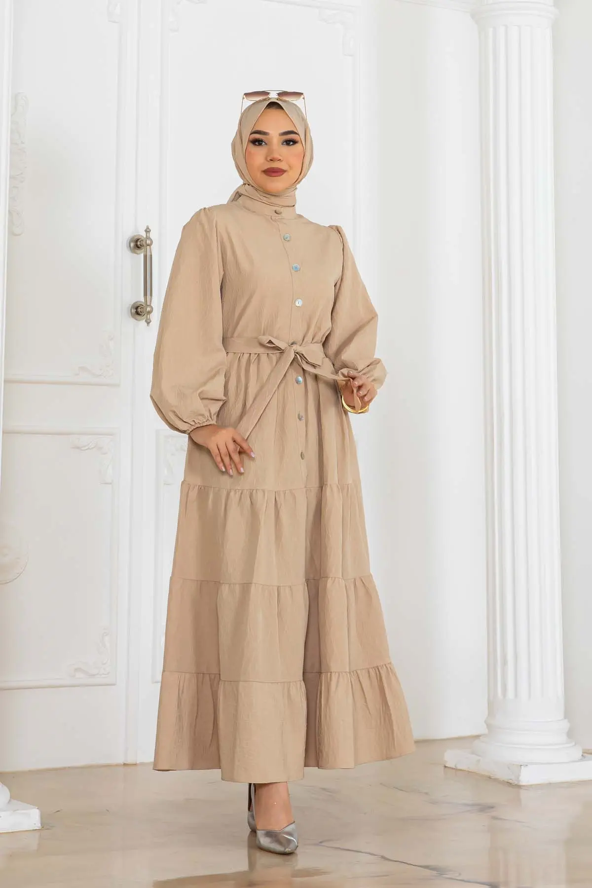 Düğmeli Kabartma Desenli Elbise-detail