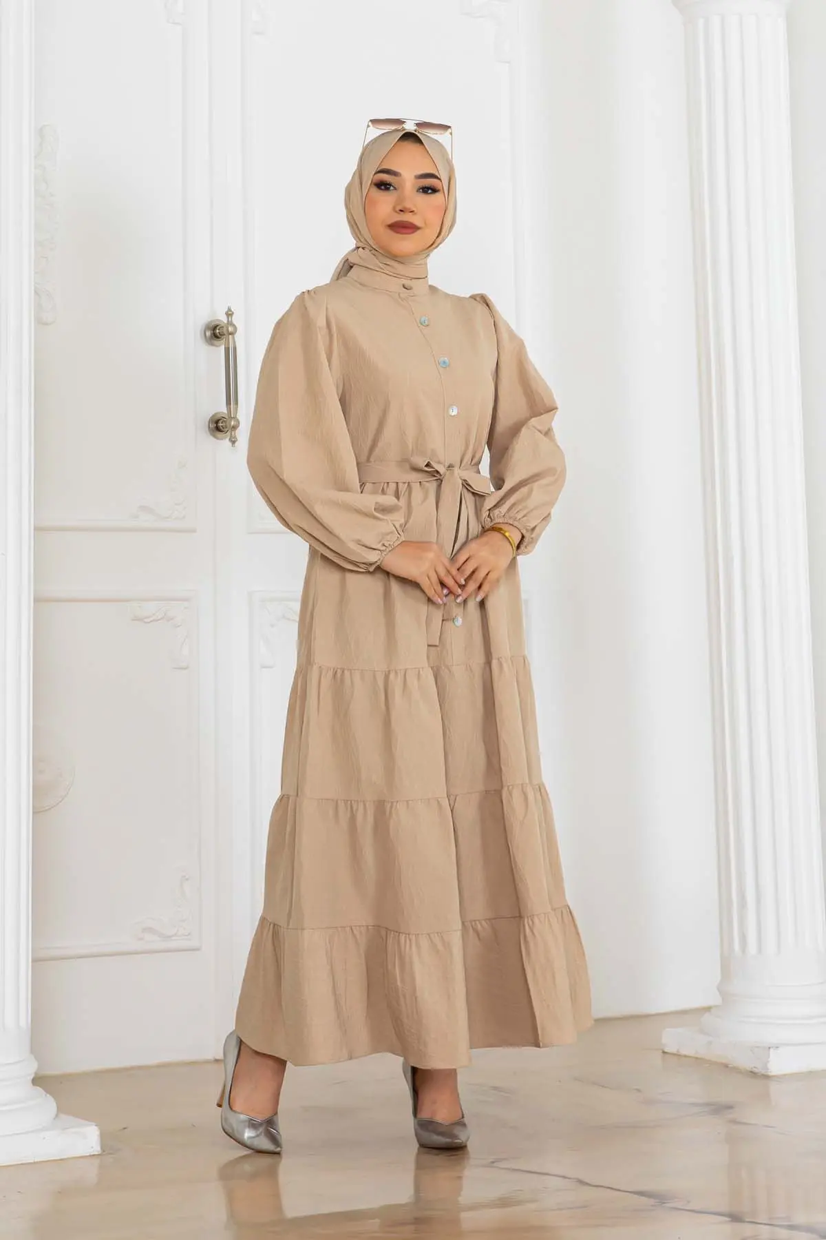 Düğmeli Kabartma Desenli Elbise-detail