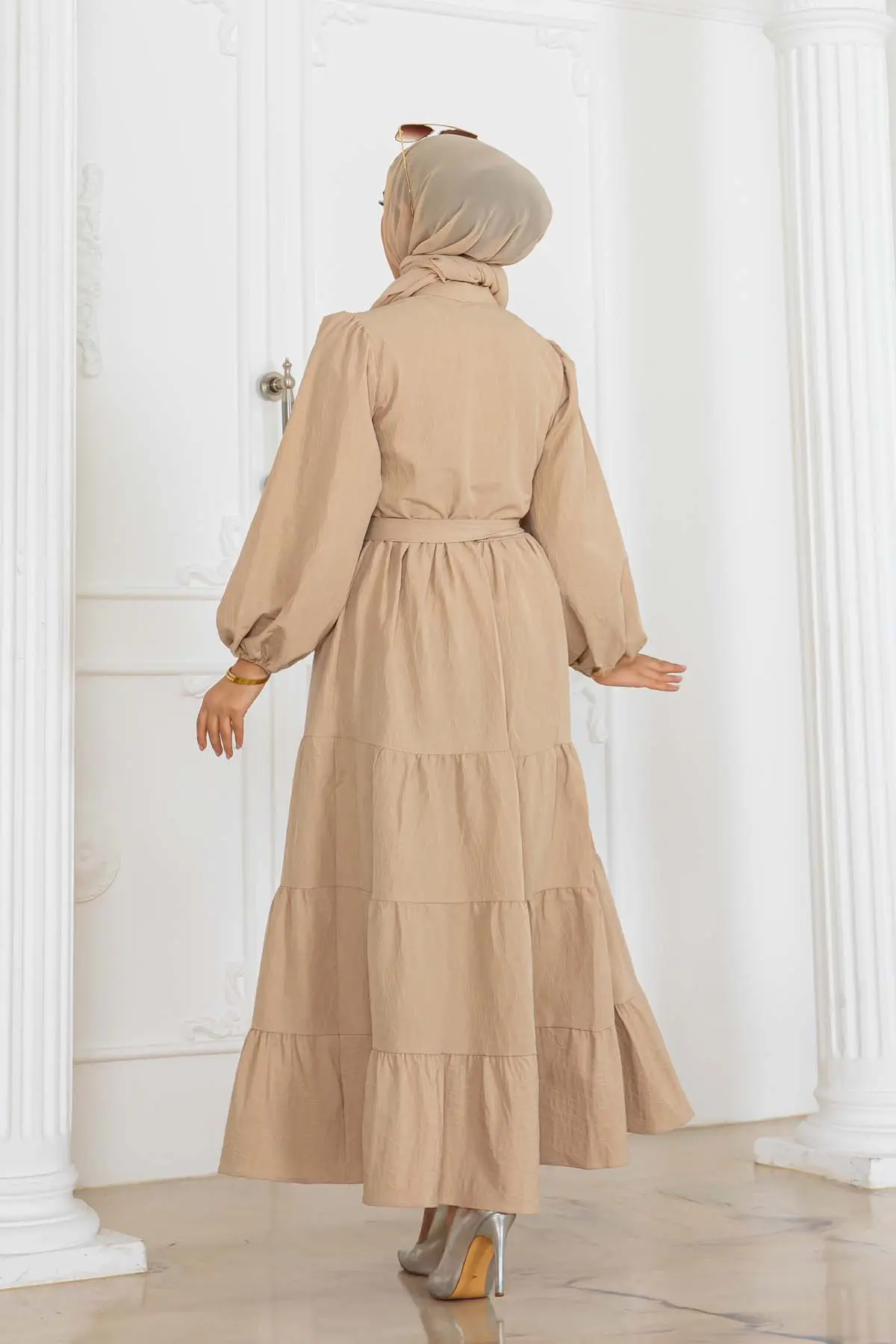 Düğmeli Kabartma Desenli Elbise-detail