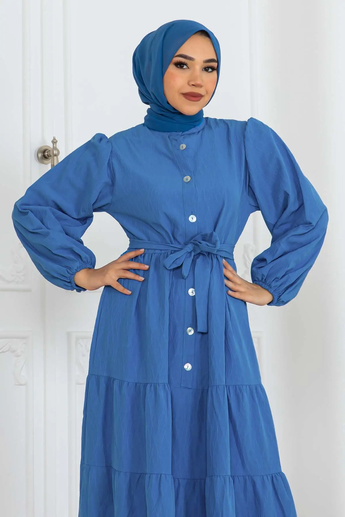 Düğmeli Kabartma Desenli Elbise-detail