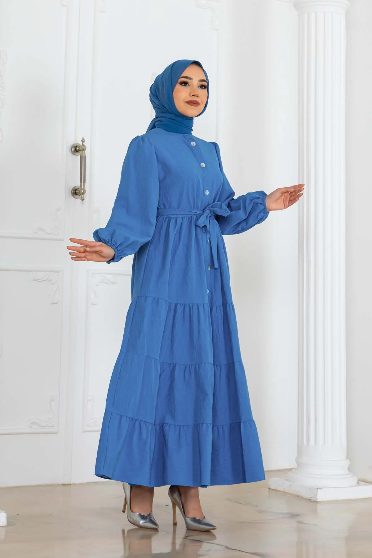 Düğmeli Kabartma Desenli Elbise-detail