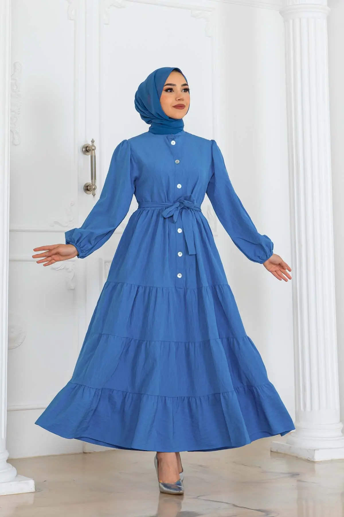 Düğmeli Kabartma Desenli Elbise-detail