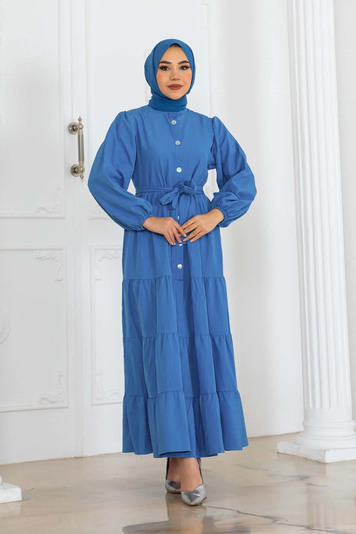 Düğmeli Kabartma Desenli Elbise-detail