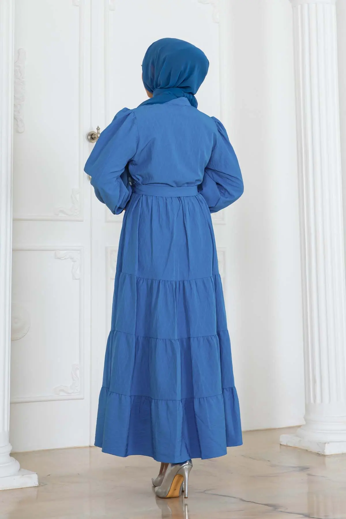 Düğmeli Kabartma Desenli Elbise-detail