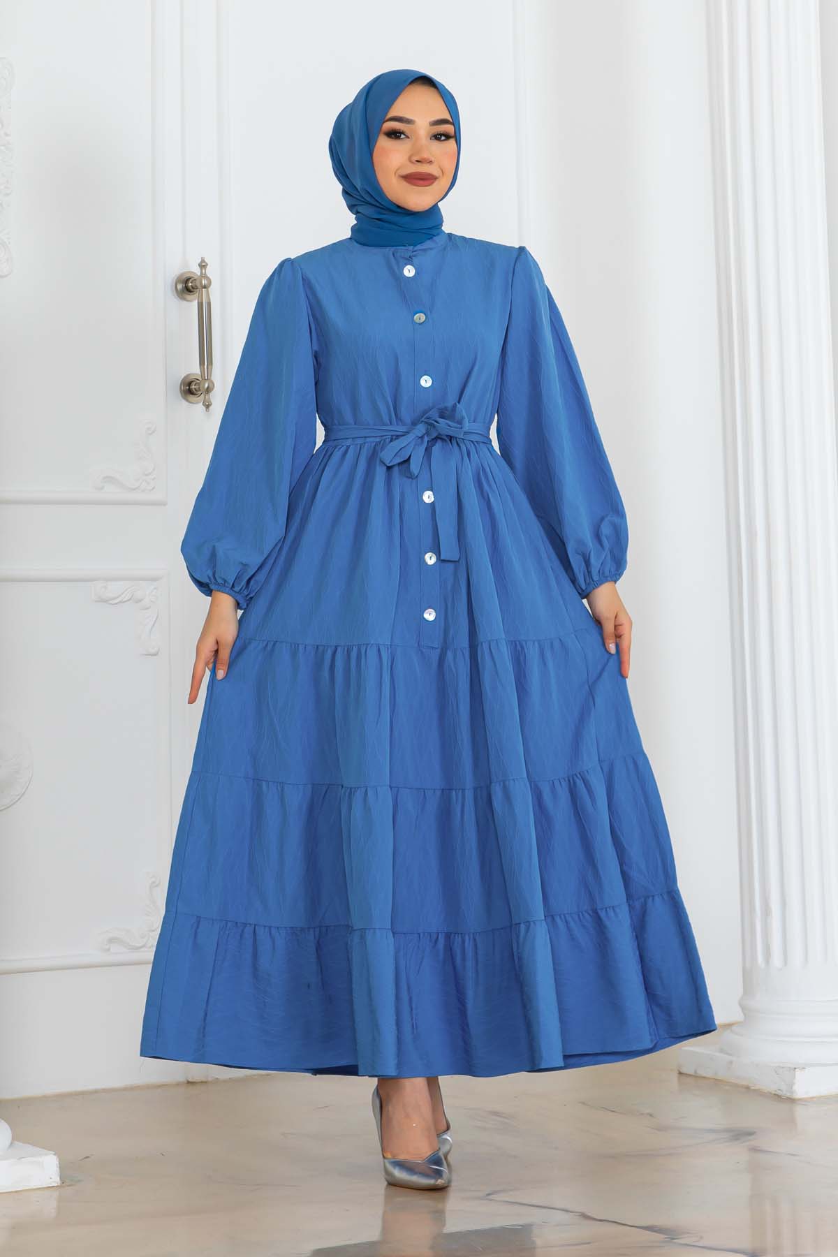 Düğmeli Kabartma Desenli Elbise