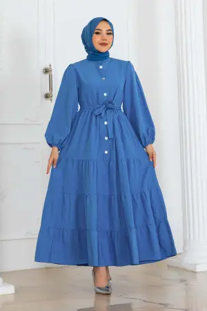 Düğmeli Kabartma Desenli Elbise