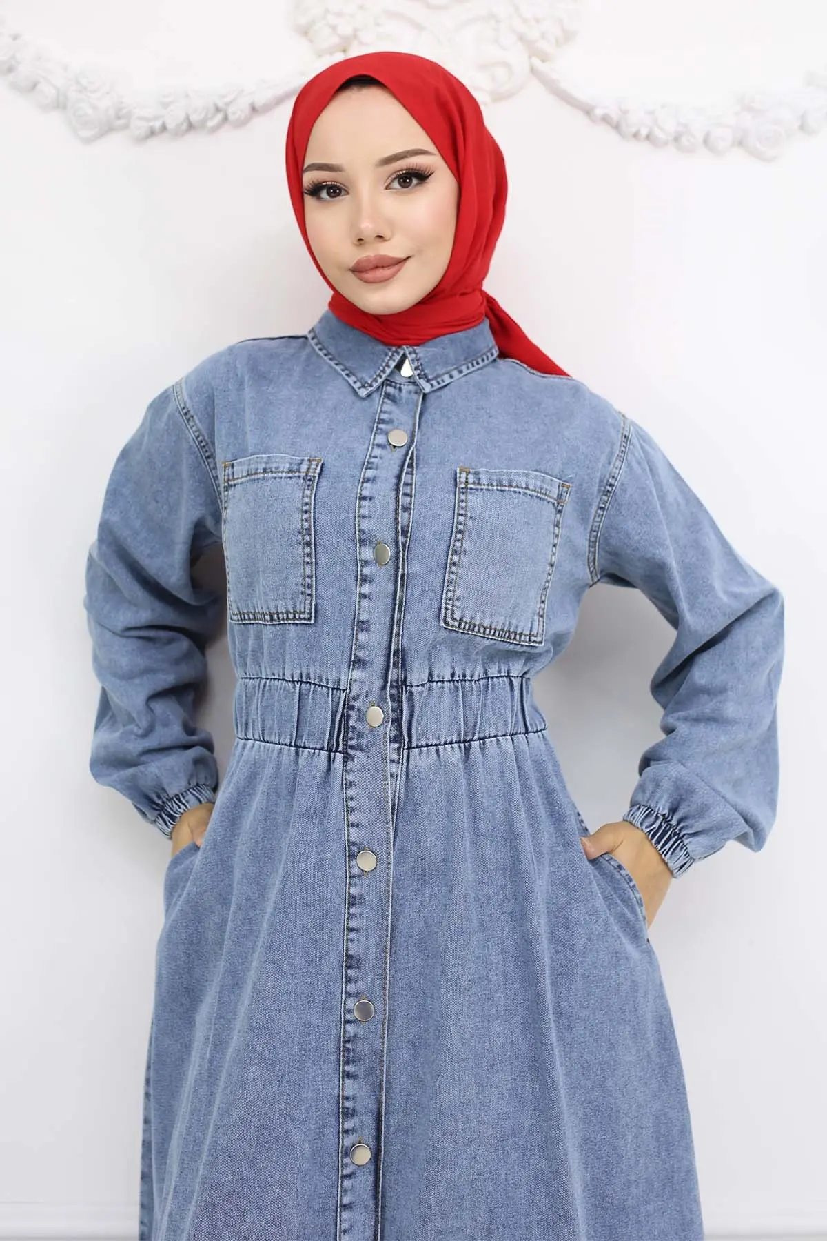 Düğmeli Kot Elbise Mavi 6101-detail