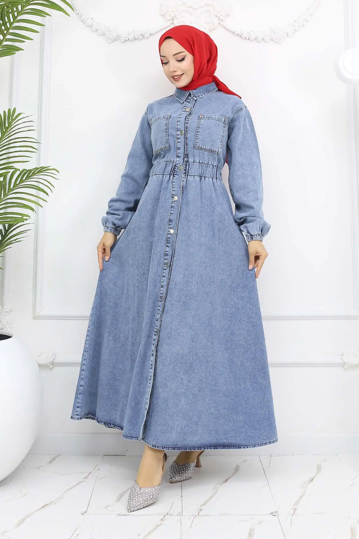 Düğmeli Kot Elbise Mavi 6101-detail