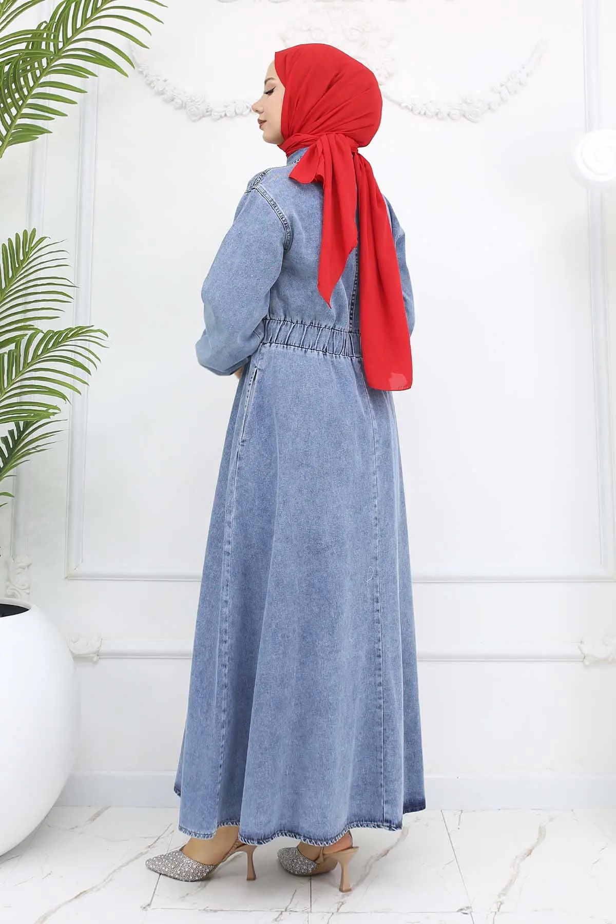 Düğmeli Kot Elbise Mavi 6101-detail